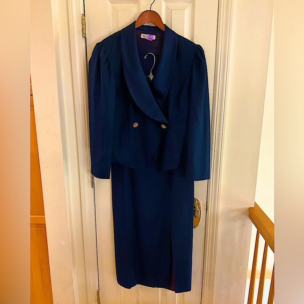 Silhouette Navy Blue Maxi Evening Suit with Pencil Skirt with Slit. Size 14